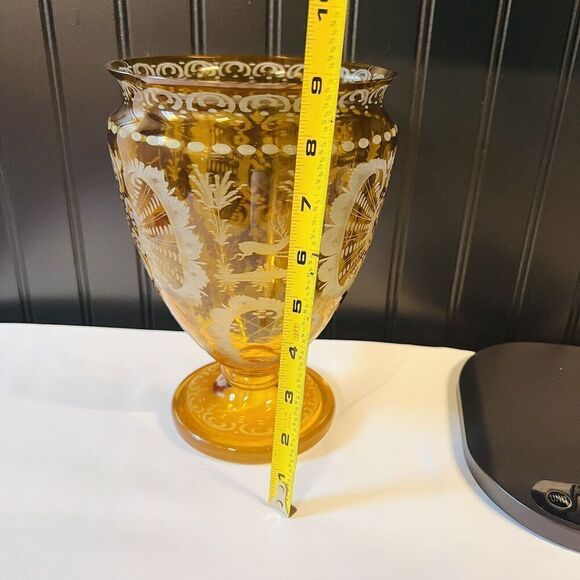 Vintage BOHEMIAN Yellow Honey Amber Cut To Clear Etched Vase  9"X6" Chech Glass - Picture 12 of 13